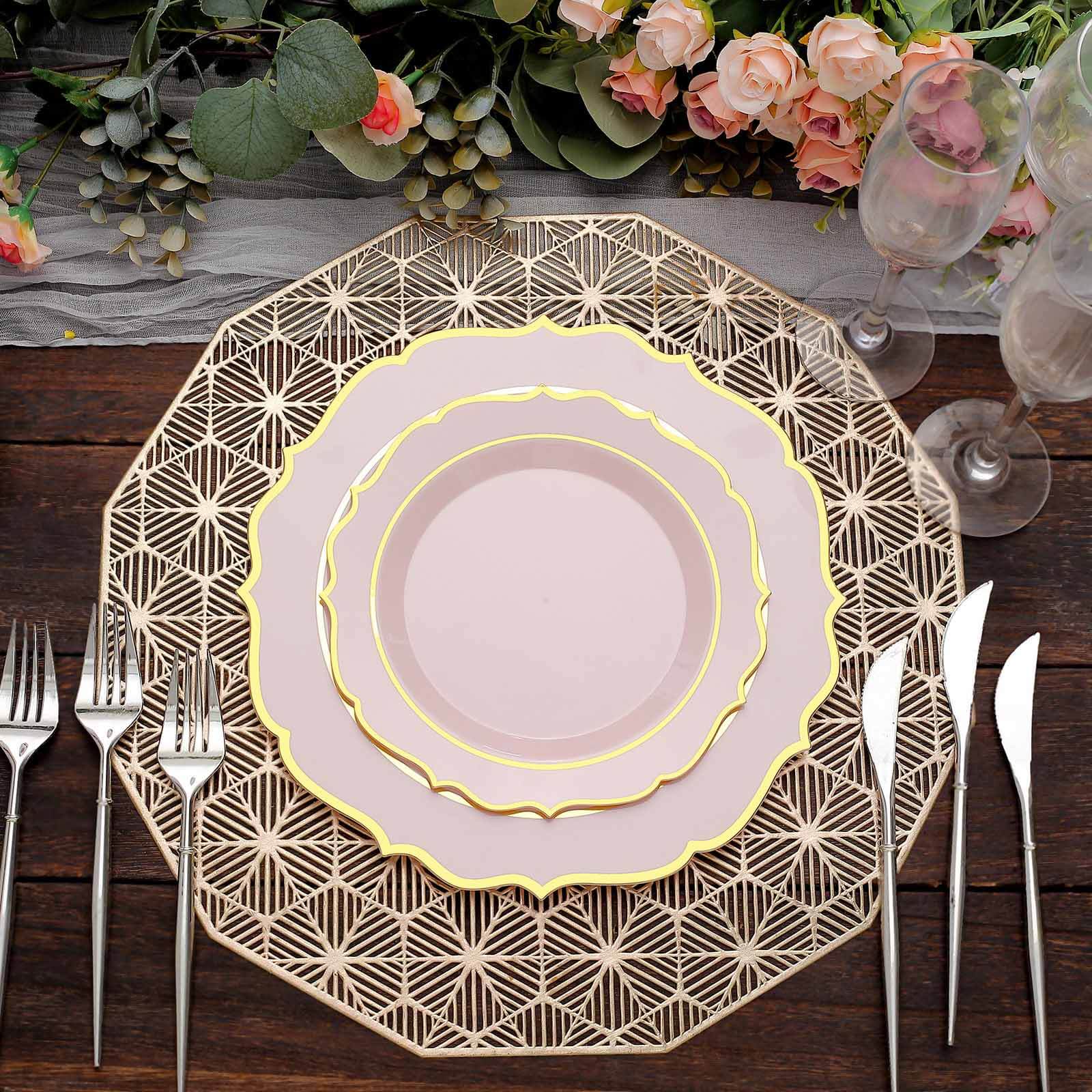 10 - Pack Plastic 8" Round Dessert Plates in Blush with Gold Scalloped Rim - Disposable Appetizer/Salad Plates - Bell Racket Store