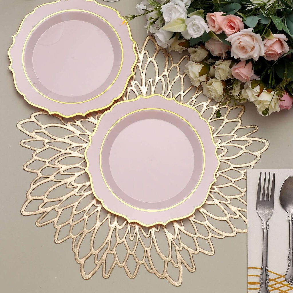 10 - Pack Plastic 8" Round Dessert Plates in Blush with Gold Scalloped Rim - Disposable Appetizer/Salad Plates - Bell Racket Store