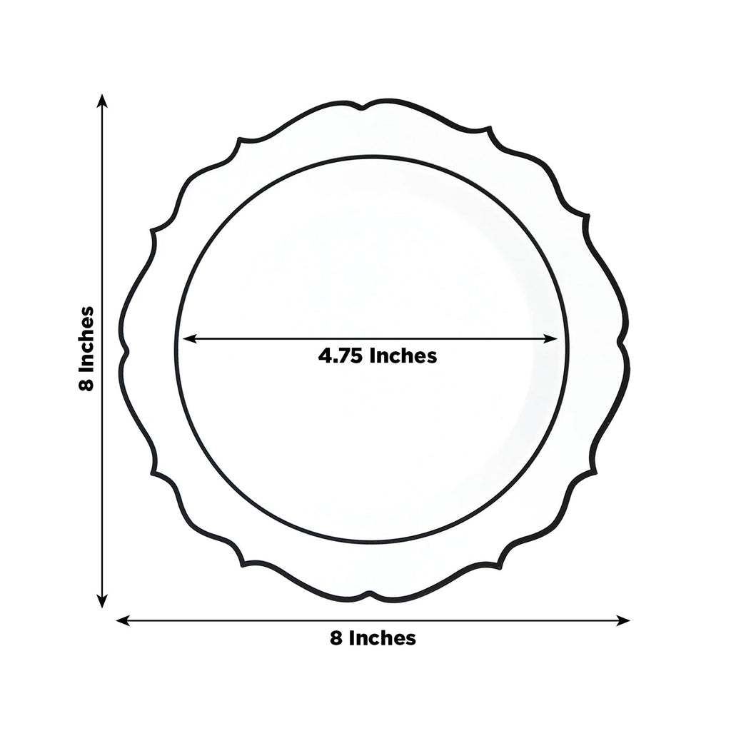 10 - Pack Plastic 8" Round Dessert Plates in Clear with Black Scalloped Rim - Disposable Appetizer/Salad Plates - Bell Racket Store