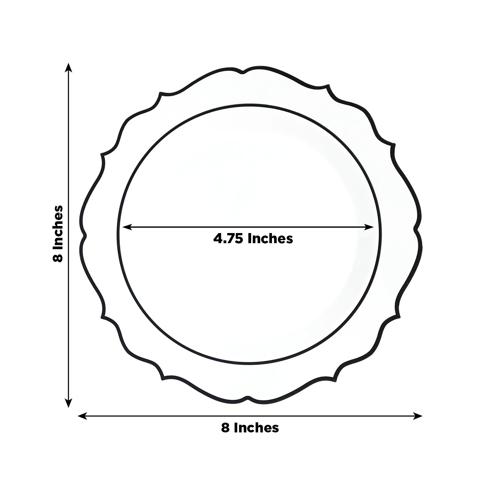 10 - Pack Plastic 8" Round Dessert Plates in Clear with Black Scalloped Rim - Disposable Appetizer/Salad Plates - Bell Racket Store