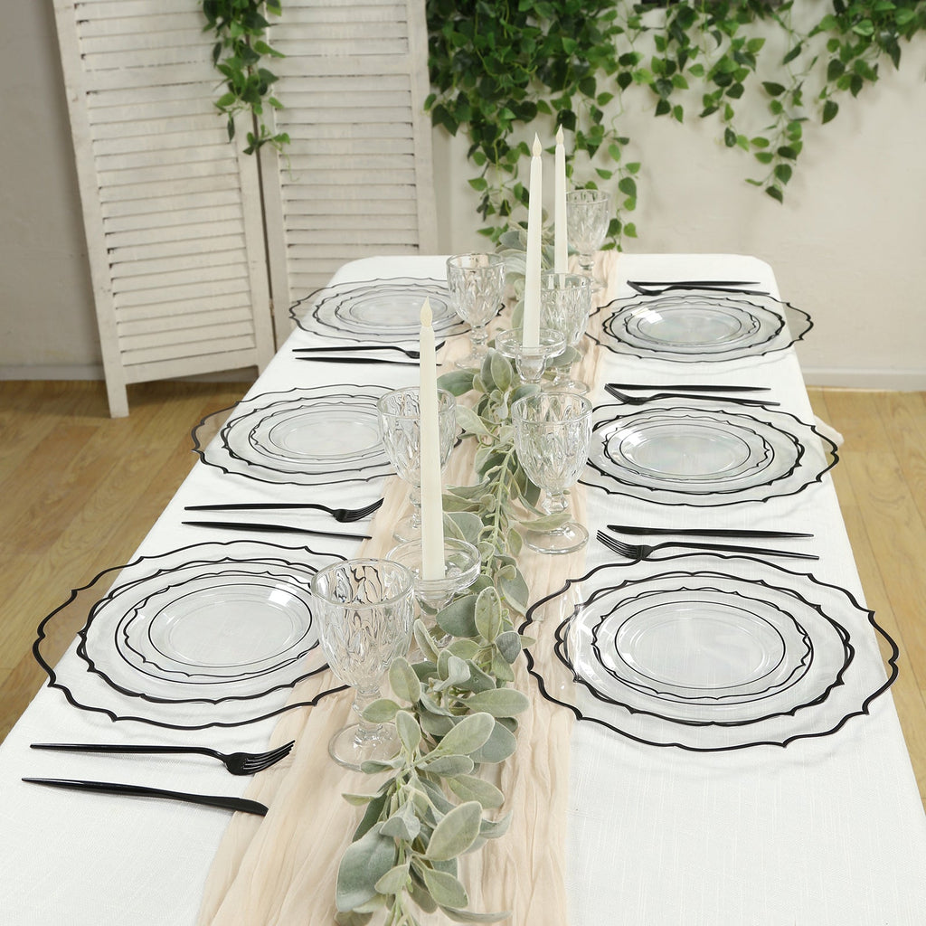 10 - Pack Plastic 8" Round Dessert Plates in Clear with Black Scalloped Rim - Disposable Appetizer/Salad Plates - Bell Racket Store