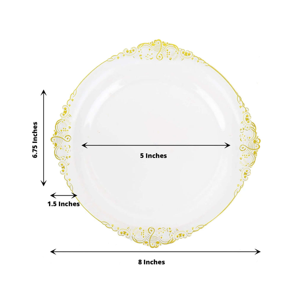 10 - Pack Plastic 8" Round Dessert Plates in Clear with Gold Leaf Embossed Rim - Disposable Vintage Baroque Style Salad Plates - Bell Racket Store