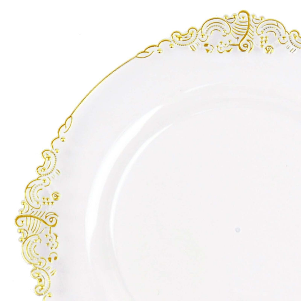 10 - Pack Plastic 8" Round Dessert Plates in Clear with Gold Leaf Embossed Rim - Disposable Vintage Baroque Style Salad Plates - Bell Racket Store