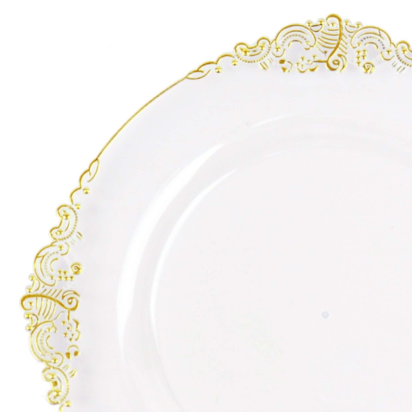 10 - Pack Plastic 8" Round Dessert Plates in Clear with Gold Leaf Embossed Rim - Disposable Vintage Baroque Style Salad Plates - Bell Racket Store