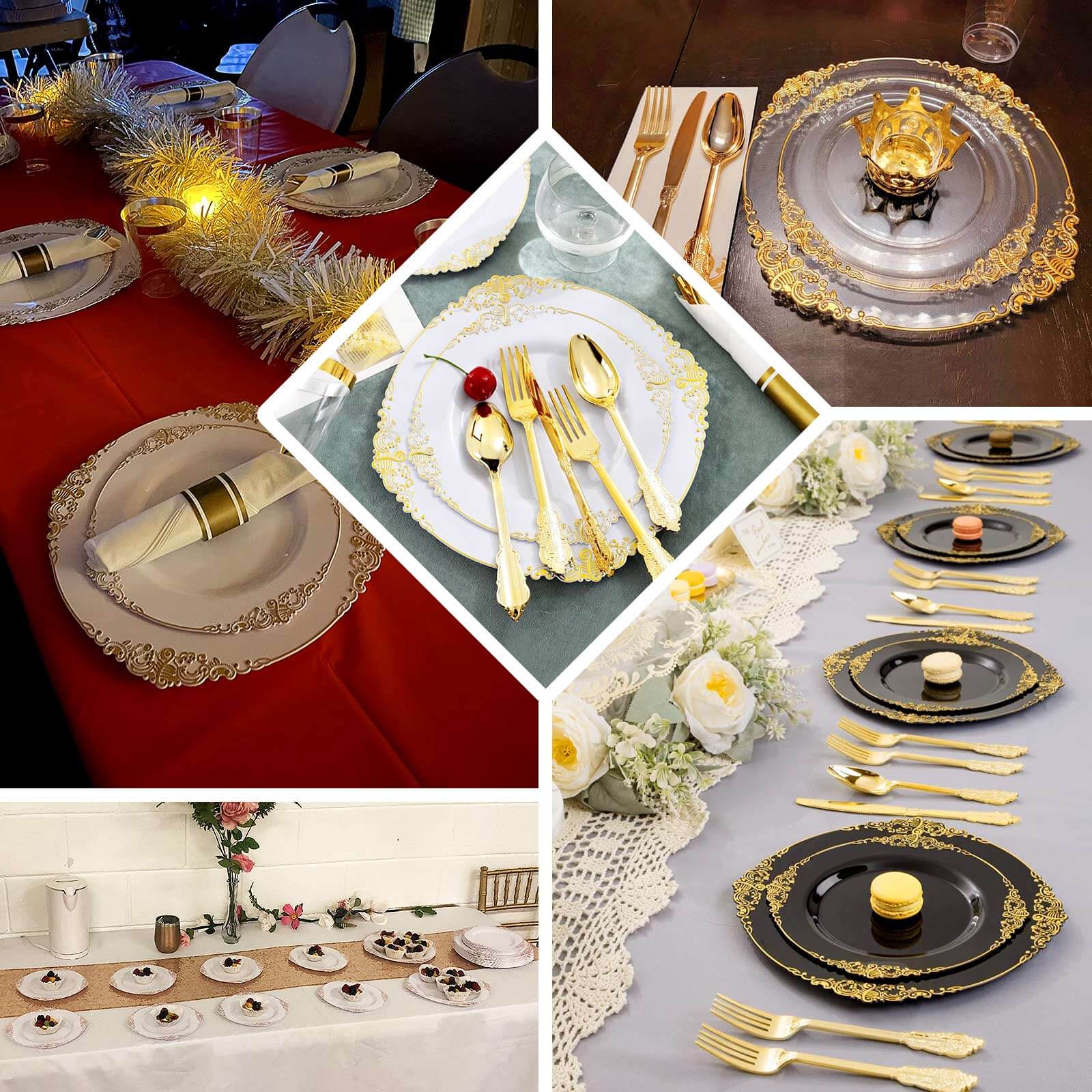 10 - Pack Plastic 8" Round Dessert Plates in Clear with Gold Leaf Embossed Rim - Disposable Vintage Baroque Style Salad Plates - Bell Racket Store