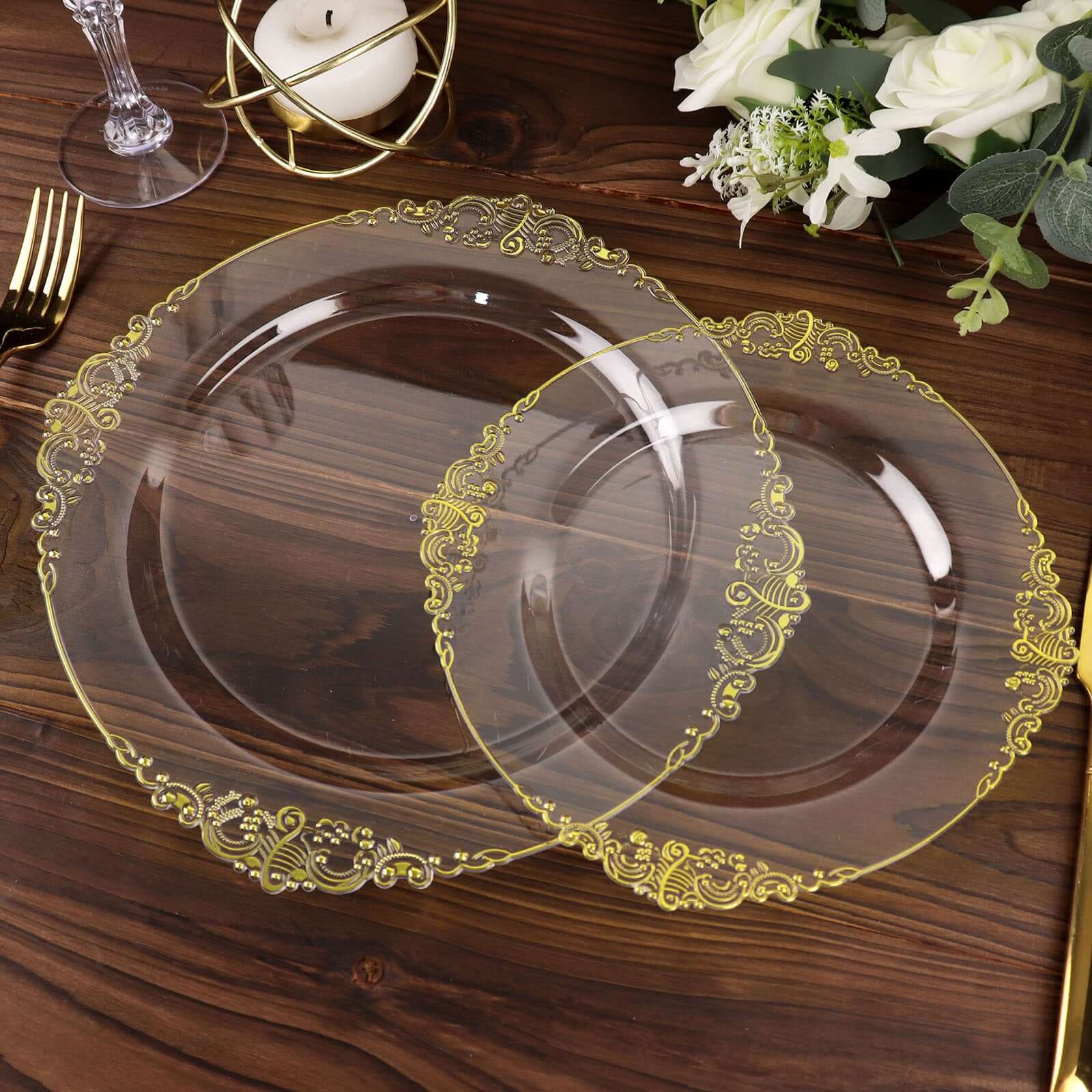 10 - Pack Plastic 8" Round Dessert Plates in Clear with Gold Leaf Embossed Rim - Disposable Vintage Baroque Style Salad Plates - Bell Racket Store
