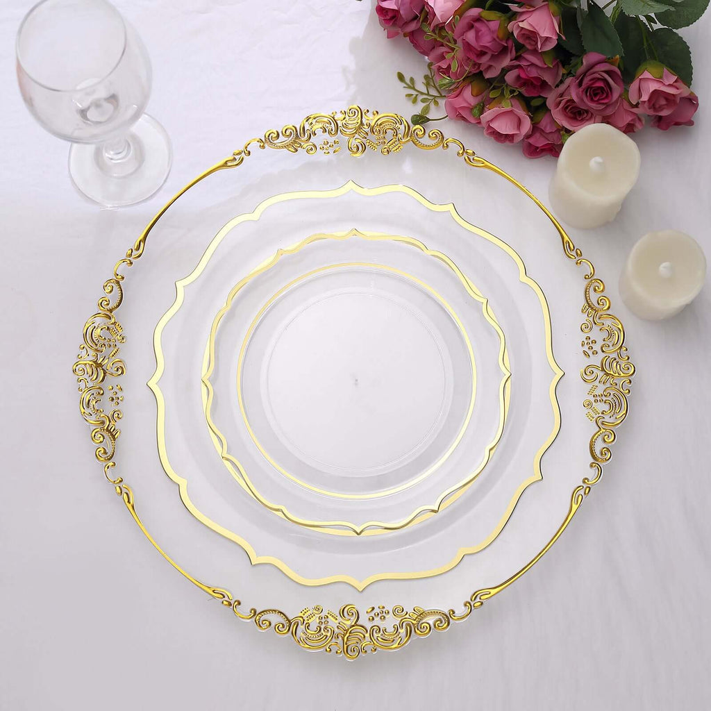 10 - Pack Plastic 8" Round Dessert Plates in Clear with Gold Scalloped Rim - Disposable Appetizer/Salad Plates - Bell Racket Store