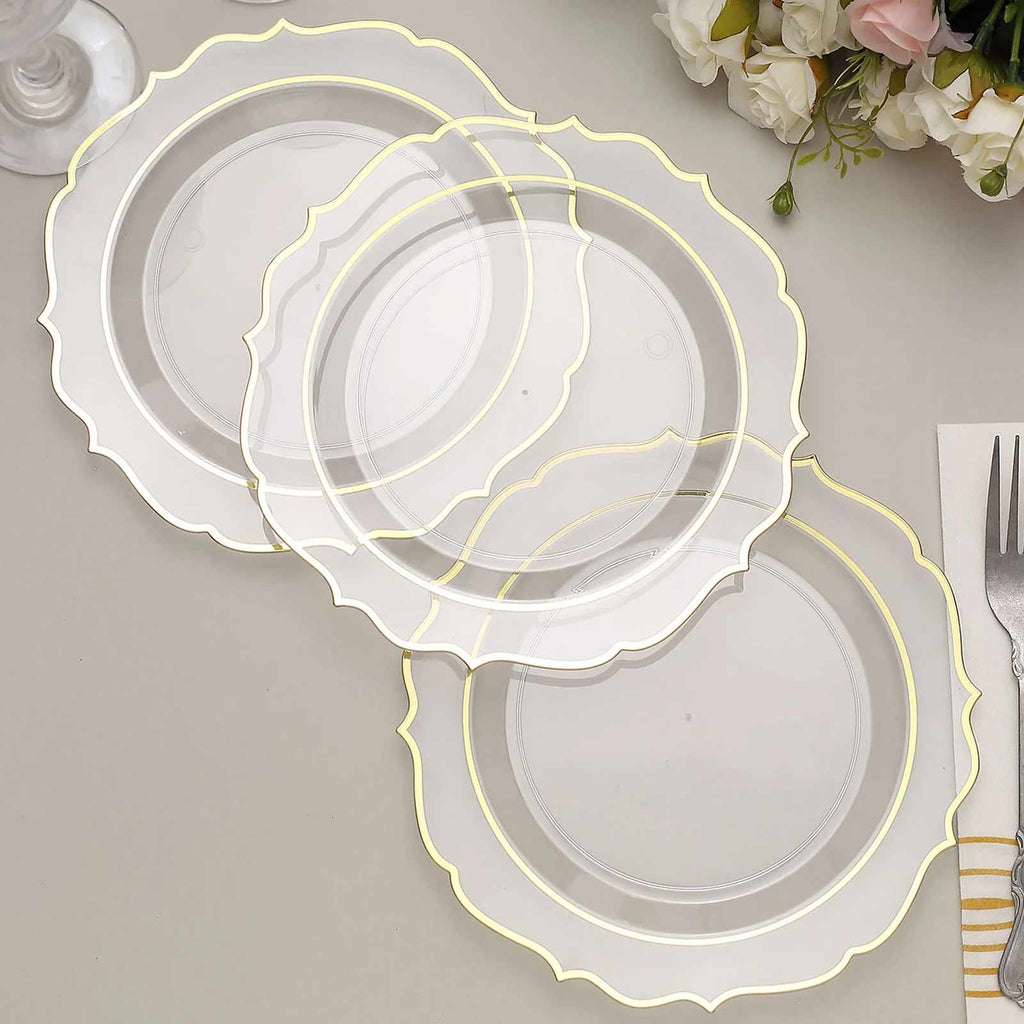 10 - Pack Plastic 8" Round Dessert Plates in Clear with Gold Scalloped Rim - Disposable Appetizer/Salad Plates - Bell Racket Store