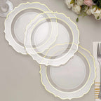 10 - Pack Plastic 8" Round Dessert Plates in Clear with Gold Scalloped Rim - Disposable Appetizer/Salad Plates - Bell Racket Store