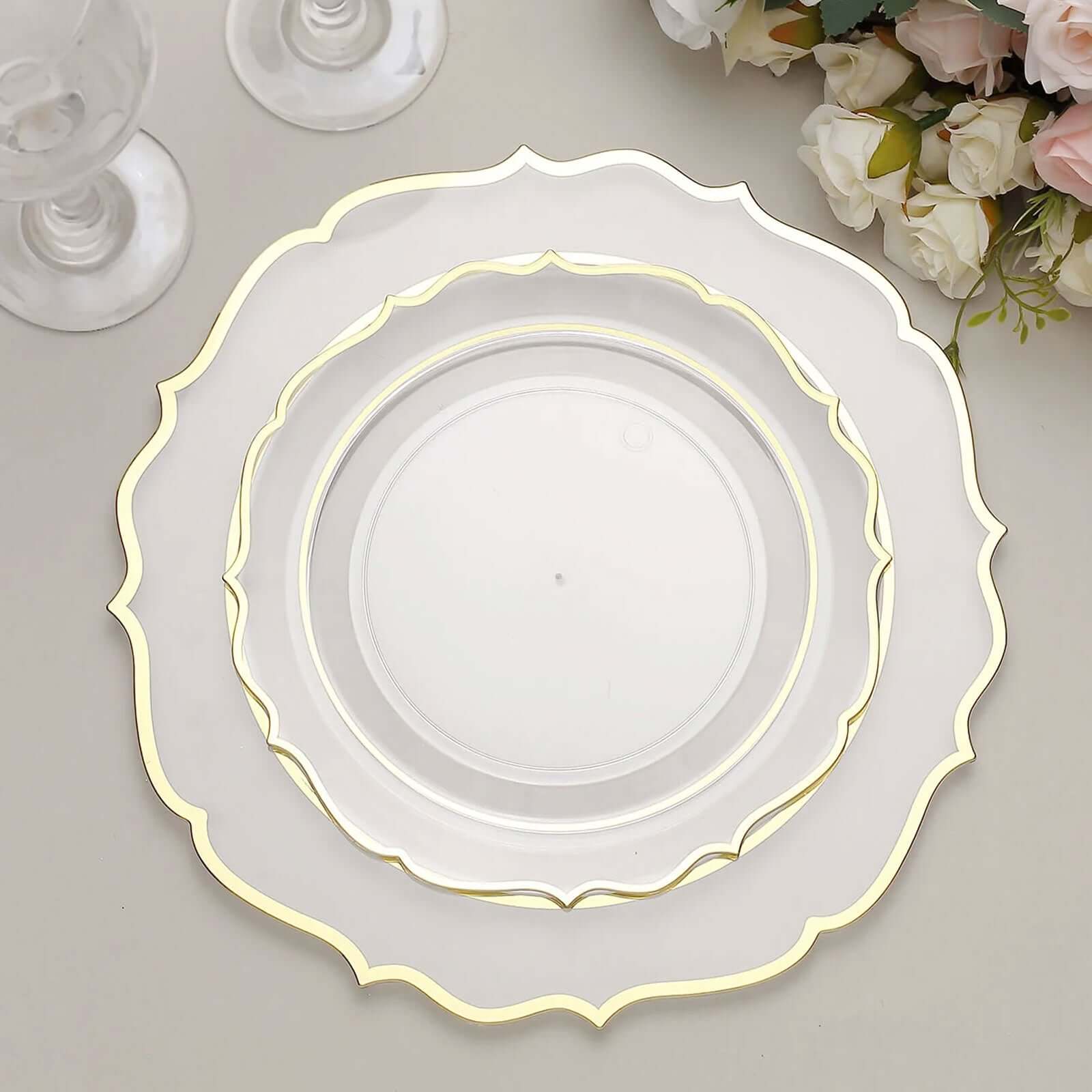 10 - Pack Plastic 8" Round Dessert Plates in Clear with Gold Scalloped Rim - Disposable Appetizer/Salad Plates - Bell Racket Store