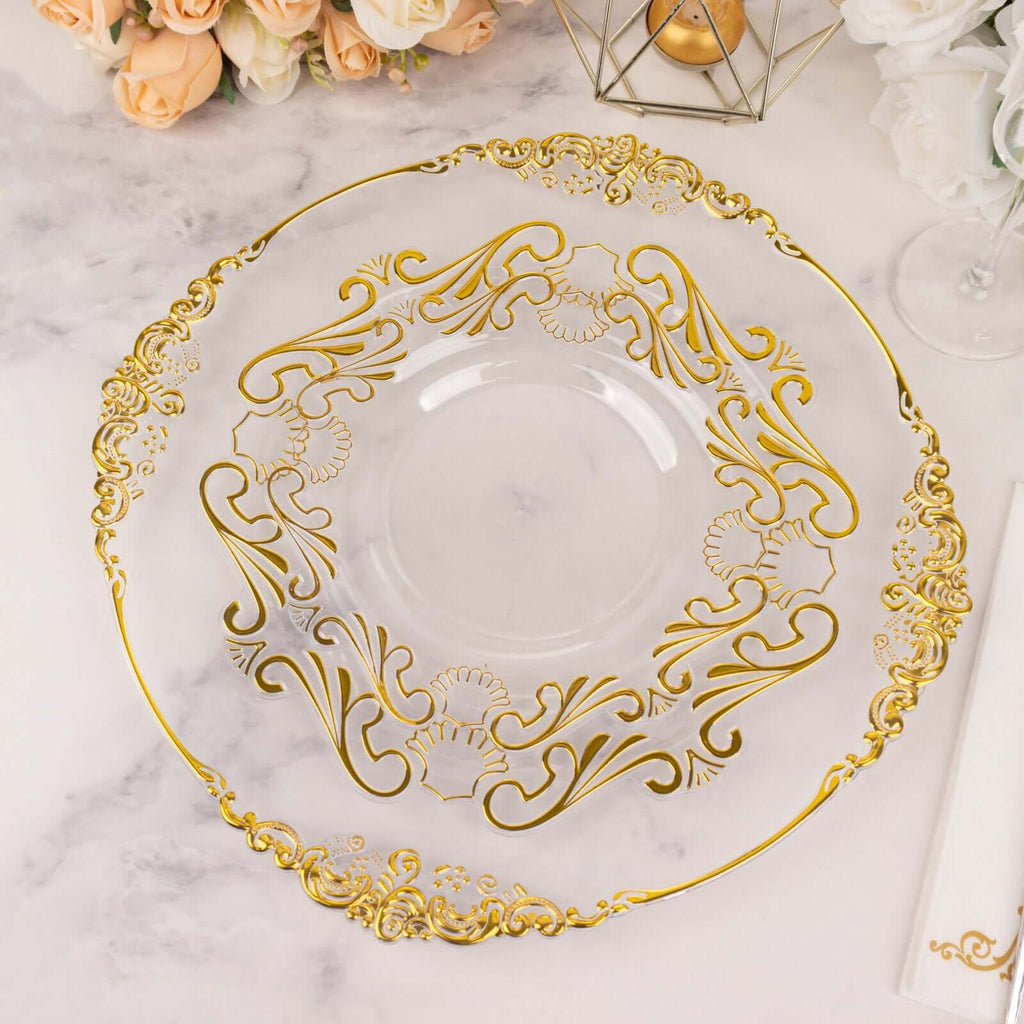 10 - Pack Plastic 8" Round Dessert Plates in Clear with Gold Vintage Baroque Scalloped Rim - European Style Disposable Salad Appetizer Plates - Bell Racket Store