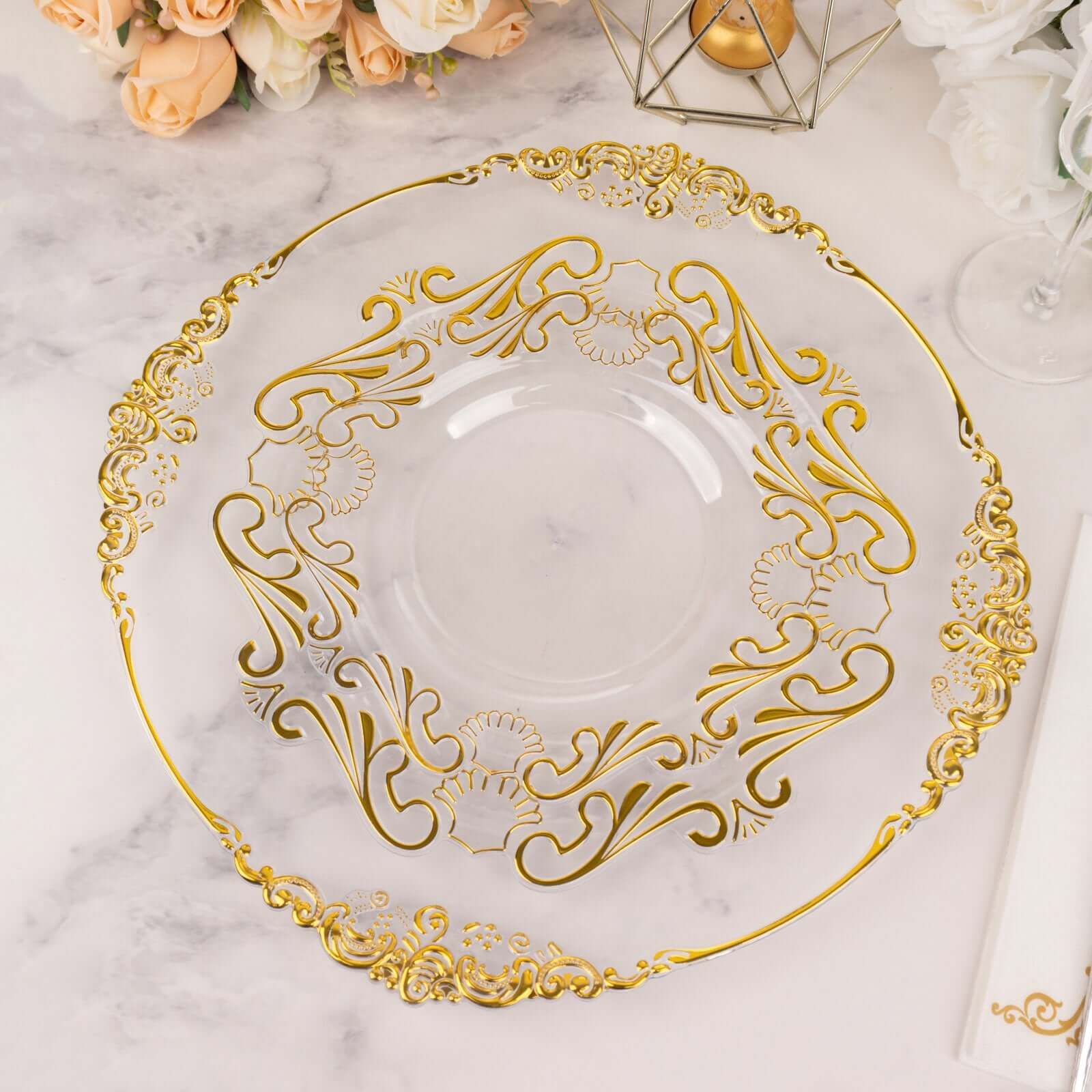10 - Pack Plastic 8" Round Dessert Plates in Clear with Gold Vintage Baroque Scalloped Rim - European Style Disposable Salad Appetizer Plates - Bell Racket Store