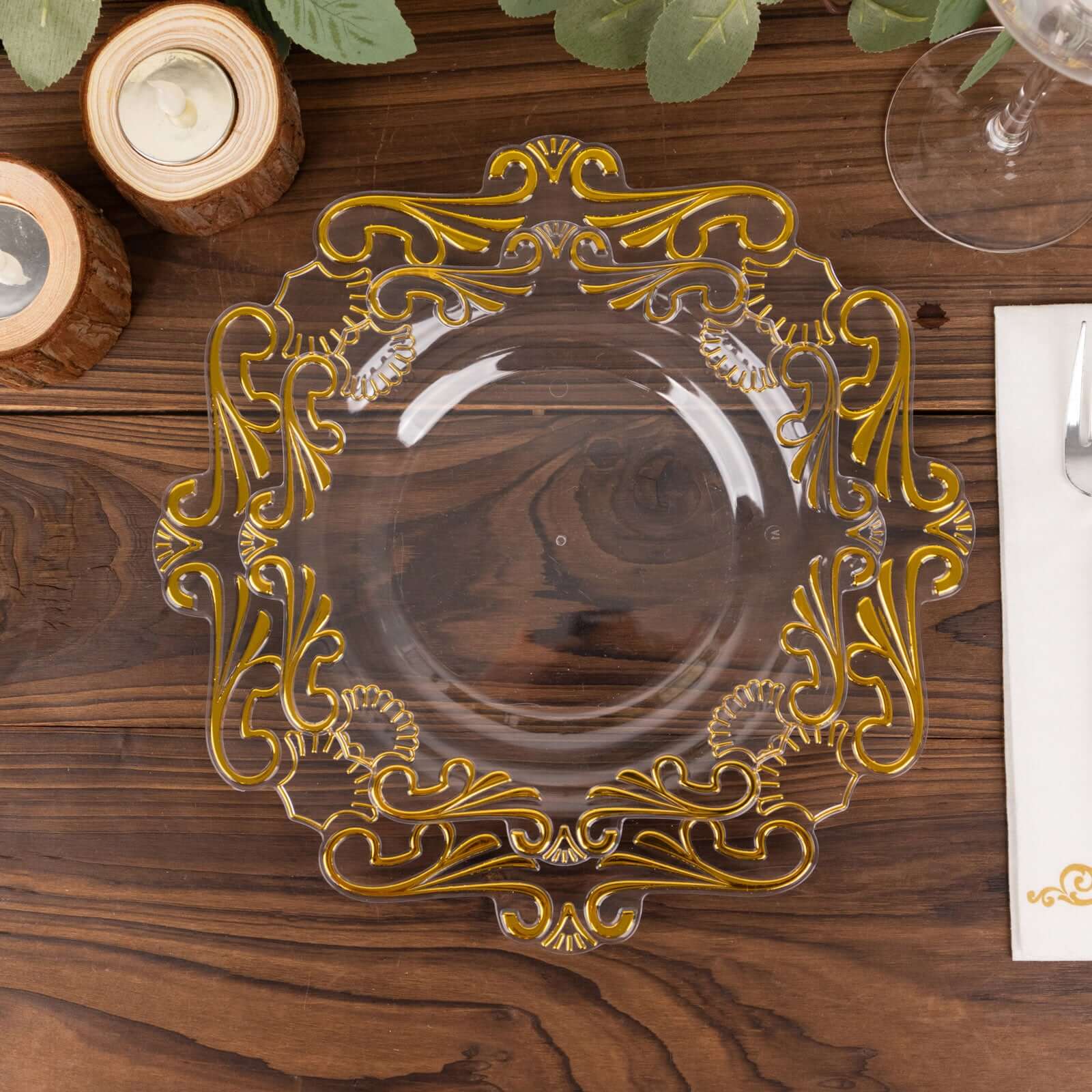 10 - Pack Plastic 8" Round Dessert Plates in Clear with Gold Vintage Baroque Scalloped Rim - European Style Disposable Salad Appetizer Plates - Bell Racket Store