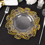 10 - Pack Plastic 8" Round Dessert Plates in Clear with Gold Vintage Baroque Scalloped Rim - European Style Disposable Salad Appetizer Plates - Bell Racket Store