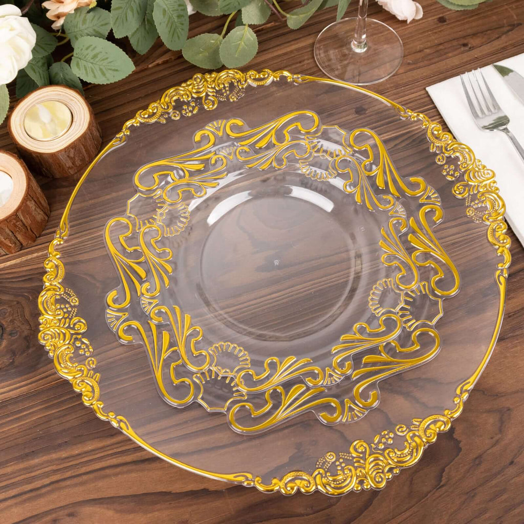 10 - Pack Plastic 8" Round Dessert Plates in Clear with Gold Vintage Baroque Scalloped Rim - European Style Disposable Salad Appetizer Plates - Bell Racket Store