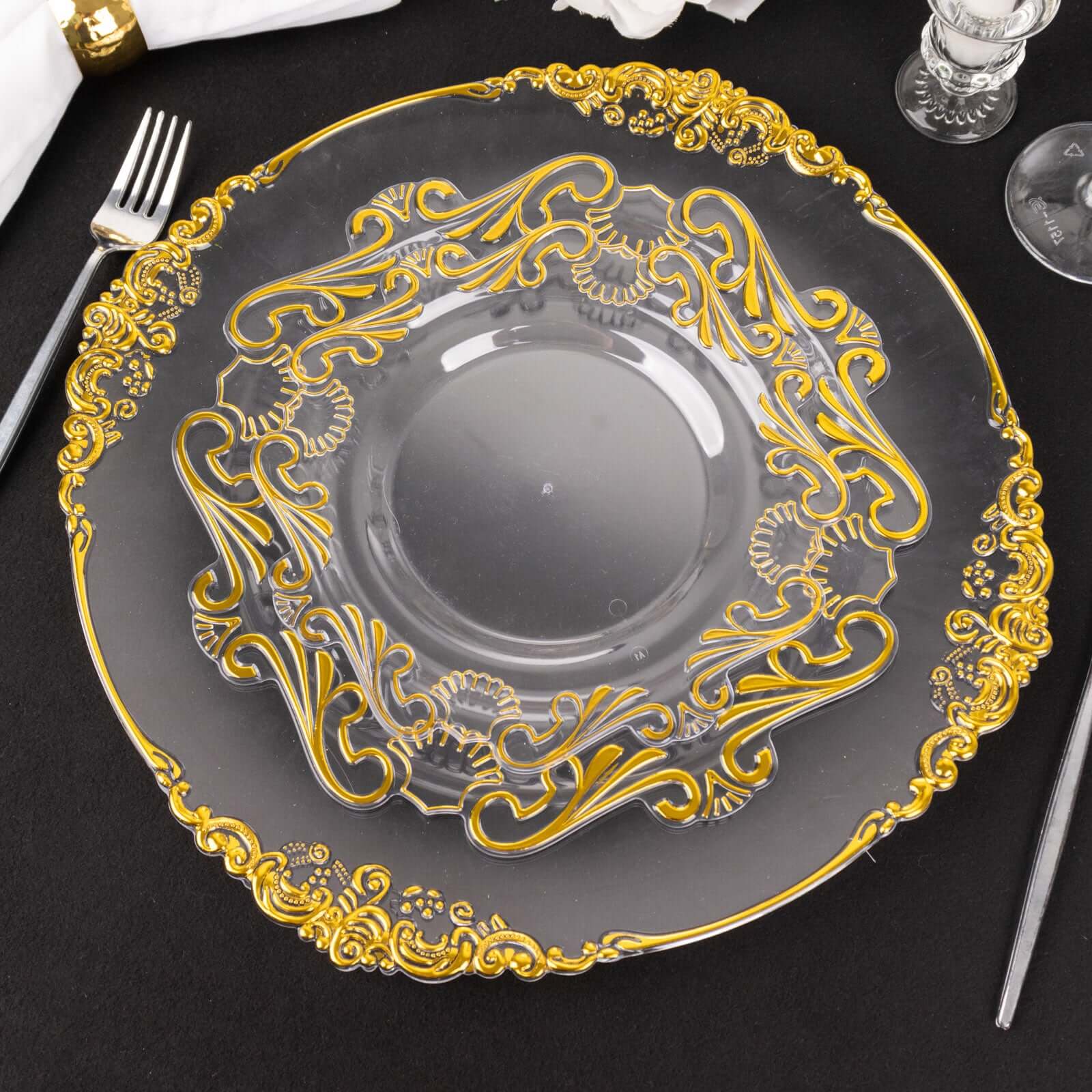 10 - Pack Plastic 8" Round Dessert Plates in Clear with Gold Vintage Baroque Scalloped Rim - European Style Disposable Salad Appetizer Plates - Bell Racket Store