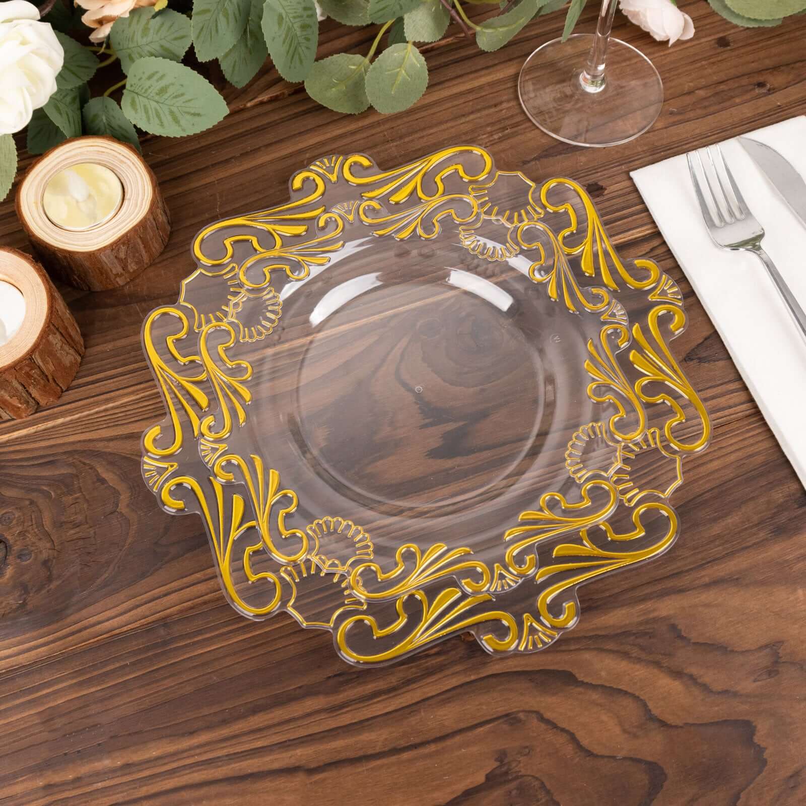 10 - Pack Plastic 8" Round Dessert Plates in Clear with Gold Vintage Baroque Scalloped Rim - European Style Disposable Salad Appetizer Plates - Bell Racket Store