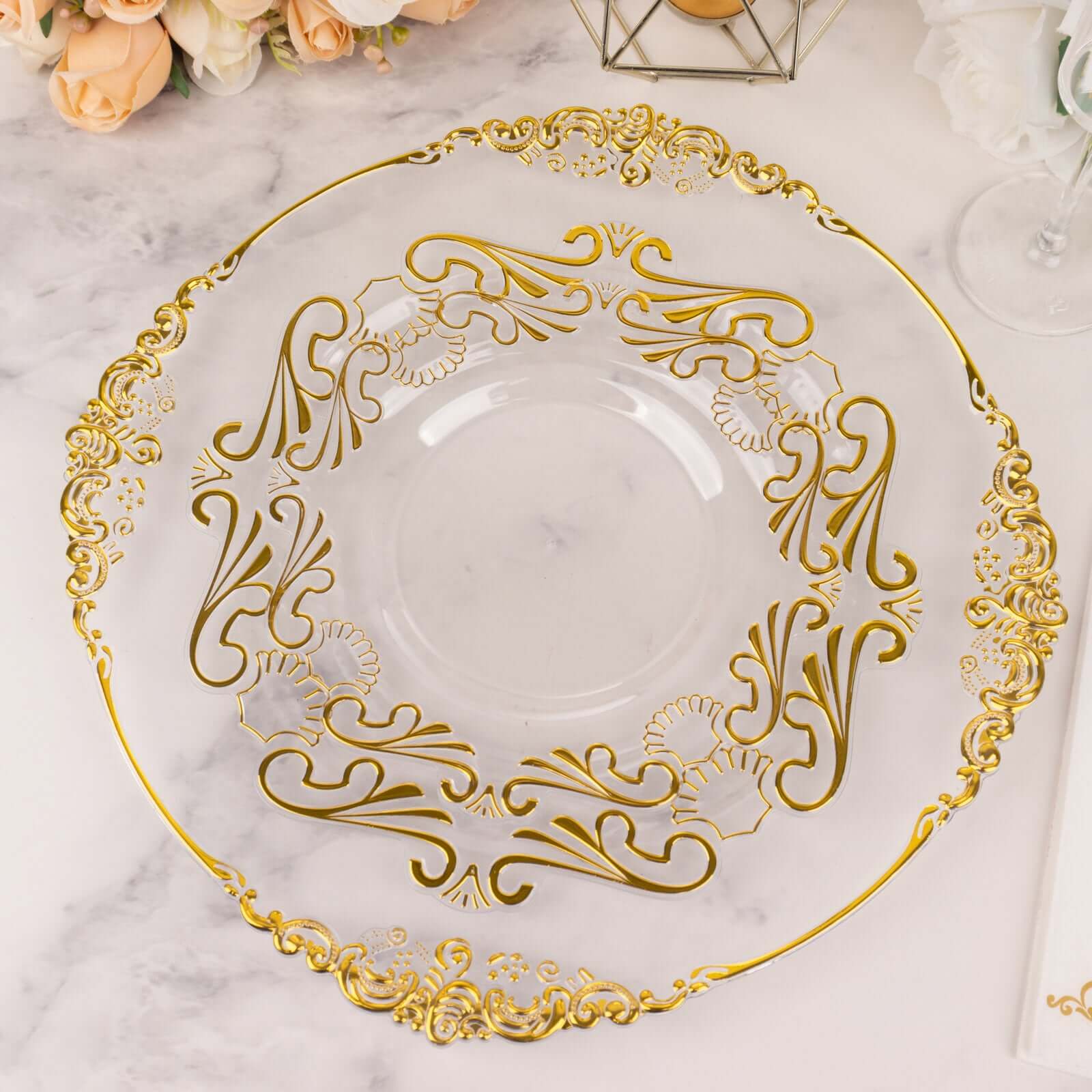 10 - Pack Plastic 8" Round Dessert Plates in Clear with Gold Vintage Baroque Scalloped Rim - European Style Disposable Salad Appetizer Plates - Bell Racket Store