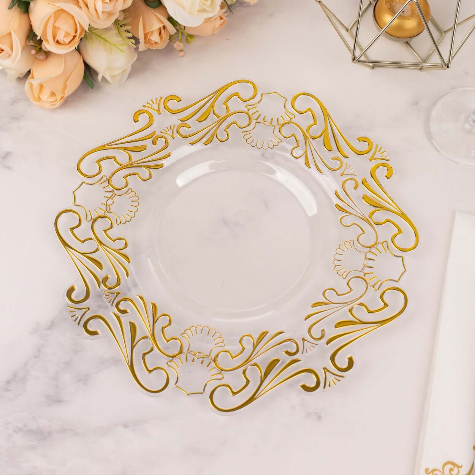 10 - Pack Plastic 8" Round Dessert Plates in Clear with Gold Vintage Baroque Scalloped Rim - European Style Disposable Salad Appetizer Plates - Bell Racket Store