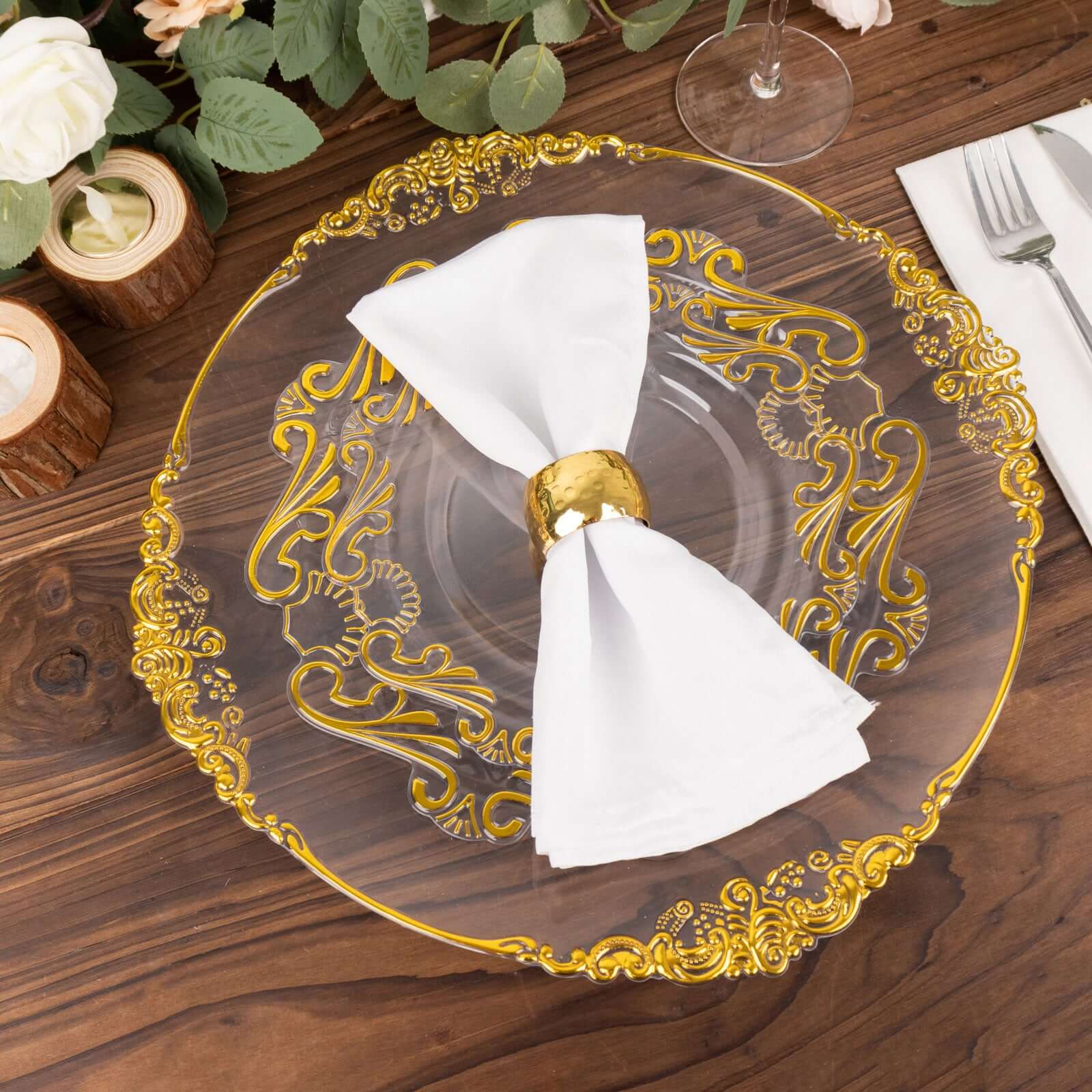 10 - Pack Plastic 8" Round Dessert Plates in Clear with Gold Vintage Baroque Scalloped Rim - European Style Disposable Salad Appetizer Plates - Bell Racket Store