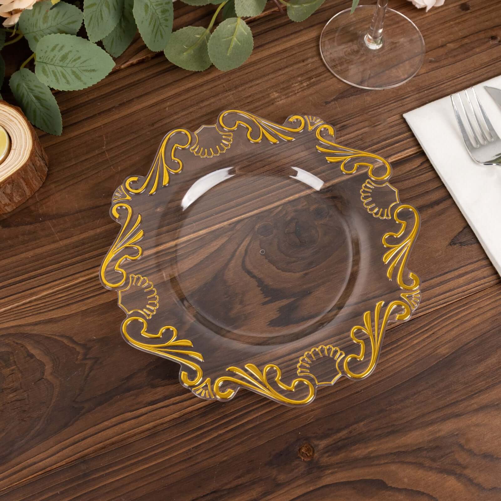 10 - Pack Plastic 8" Round Dessert Plates in Clear with Gold Vintage Baroque Scalloped Rim - European Style Disposable Salad Appetizer Plates - Bell Racket Store