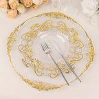 10 - Pack Plastic 8" Round Dessert Plates in Clear with Gold Vintage Baroque Scalloped Rim - European Style Disposable Salad Appetizer Plates - Bell Racket Store