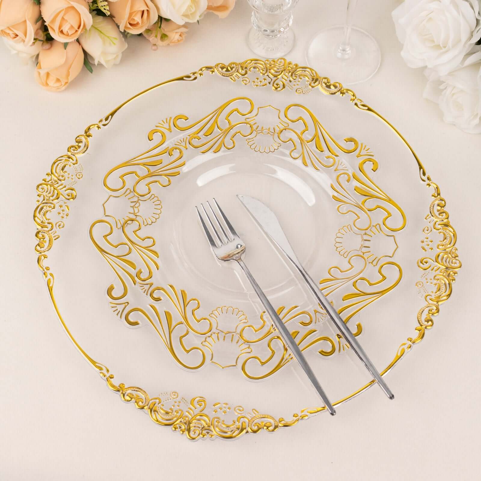 10 - Pack Plastic 8" Round Dessert Plates in Clear with Gold Vintage Baroque Scalloped Rim - European Style Disposable Salad Appetizer Plates - Bell Racket Store