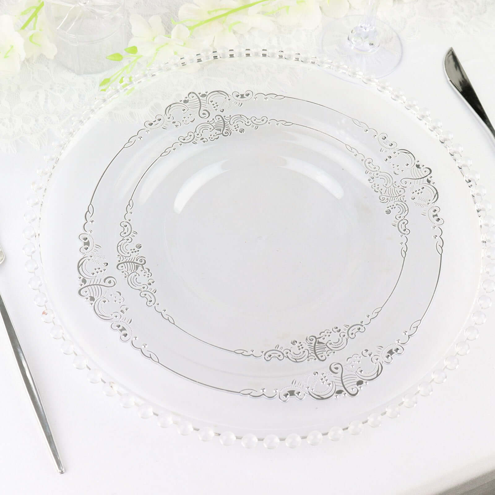 10 - Pack Plastic 8" Round Dessert Plates in Clear with Silver Leaf Embossed Rim - Disposable Vintage Baroque Style Salad Plates - Bell Racket Store