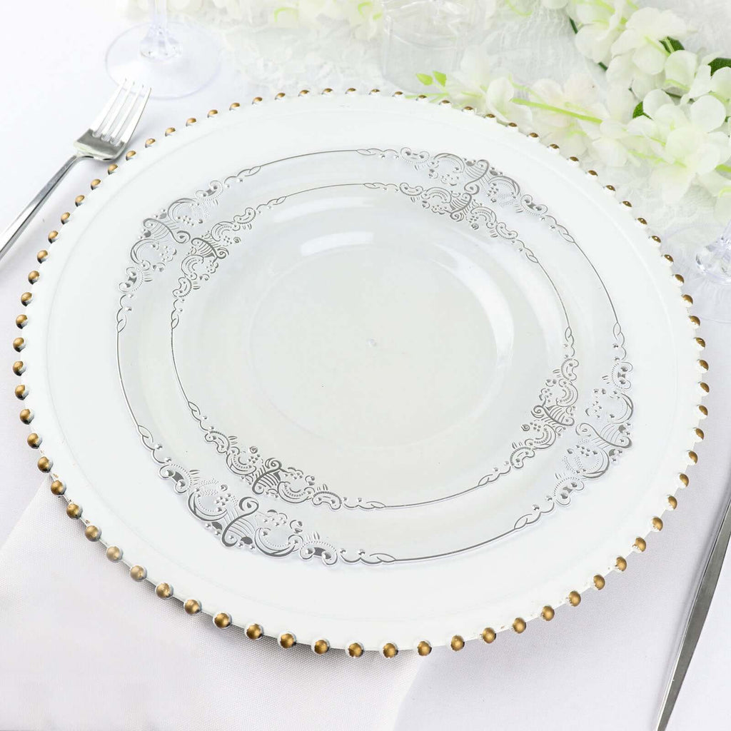 10 - Pack Plastic 8" Round Dessert Plates in Clear with Silver Leaf Embossed Rim - Disposable Vintage Baroque Style Salad Plates - Bell Racket Store