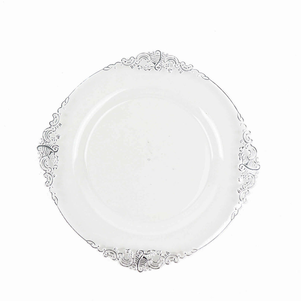 10 - Pack Plastic 8" Round Dessert Plates in Clear with Silver Leaf Embossed Rim - Disposable Vintage Baroque Style Salad Plates - Bell Racket Store
