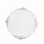 10 - Pack Plastic 8" Round Dessert Plates in Clear with Silver Leaf Embossed Rim - Disposable Vintage Baroque Style Salad Plates - Bell Racket Store