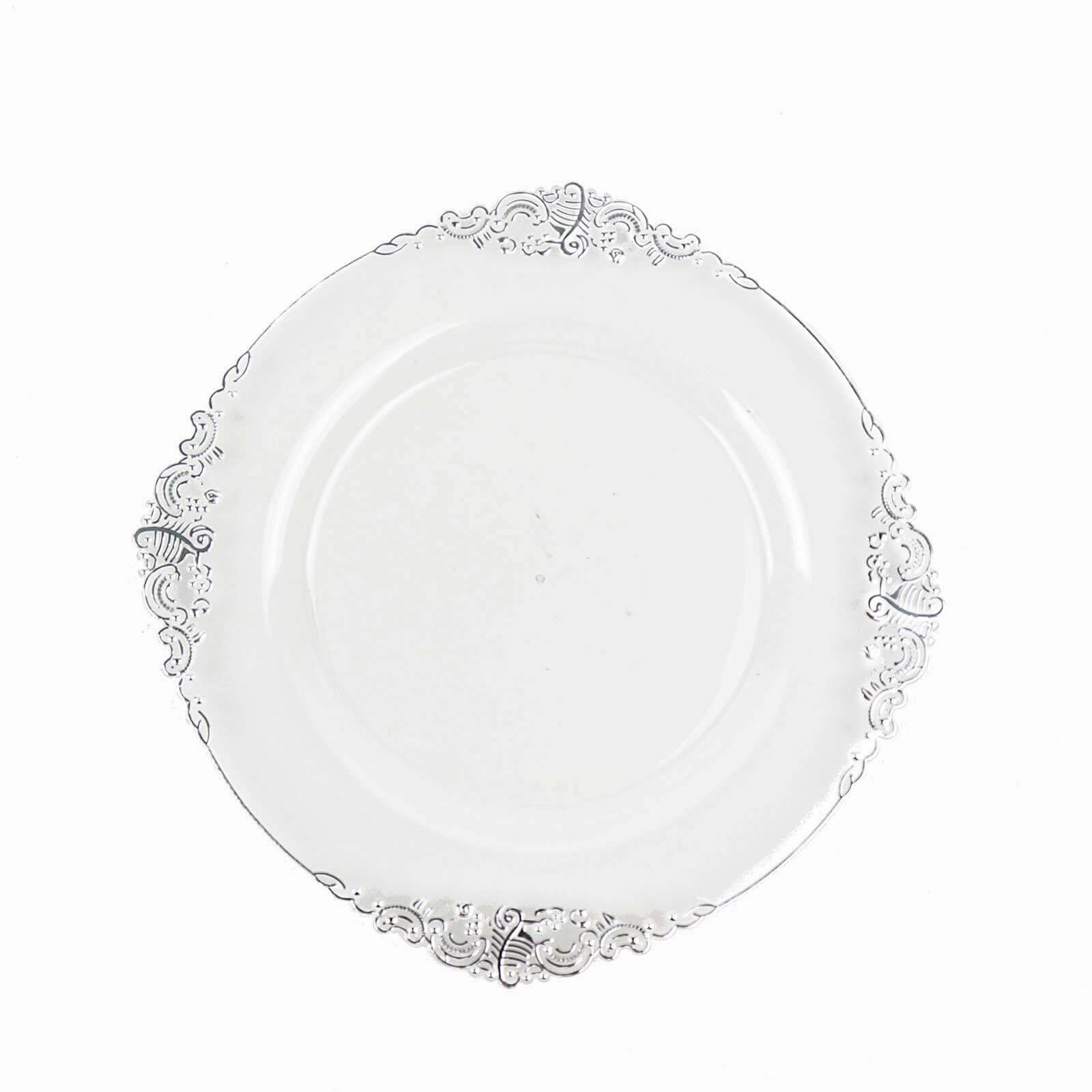 10 - Pack Plastic 8" Round Dessert Plates in Clear with Silver Leaf Embossed Rim - Disposable Vintage Baroque Style Salad Plates - Bell Racket Store