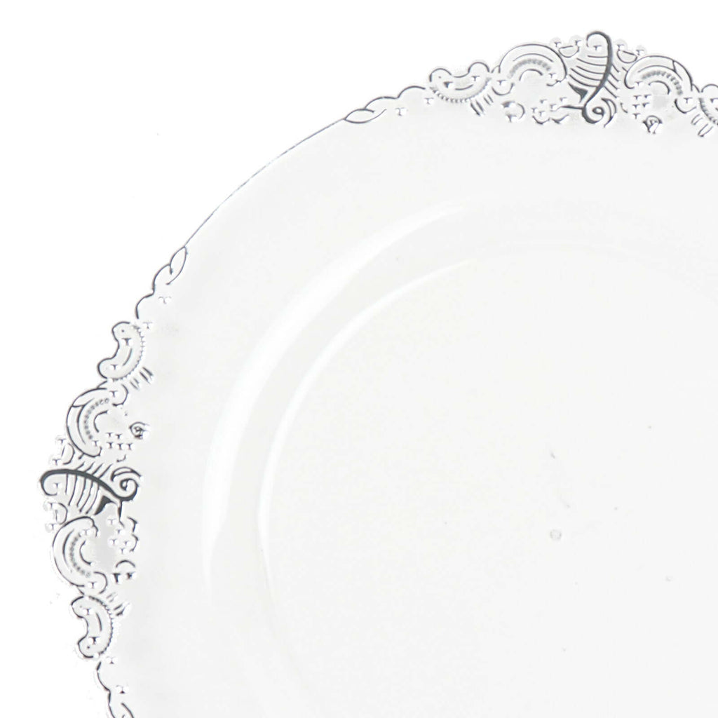 10 - Pack Plastic 8" Round Dessert Plates in Clear with Silver Leaf Embossed Rim - Disposable Vintage Baroque Style Salad Plates - Bell Racket Store