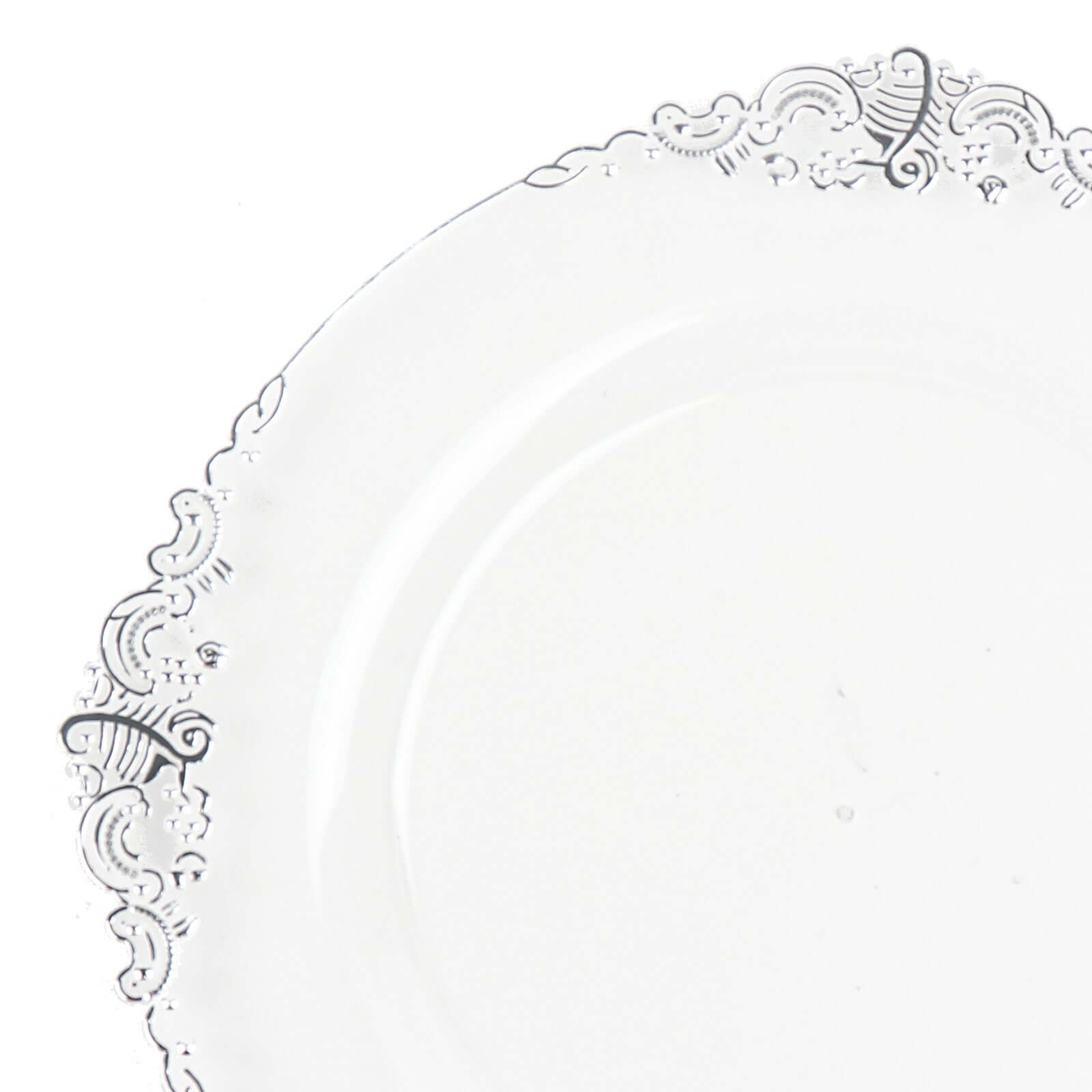 10 - Pack Plastic 8" Round Dessert Plates in Clear with Silver Leaf Embossed Rim - Disposable Vintage Baroque Style Salad Plates - Bell Racket Store