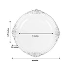 10 - Pack Plastic 8" Round Dessert Plates in Clear with Silver Leaf Embossed Rim - Disposable Vintage Baroque Style Salad Plates - Bell Racket Store