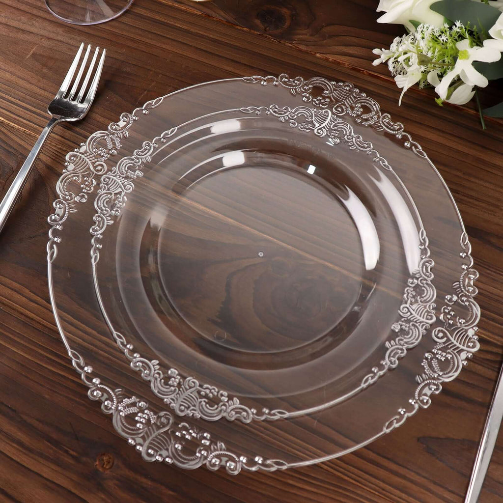 10 - Pack Plastic 8" Round Dessert Plates in Clear with Silver Leaf Embossed Rim - Disposable Vintage Baroque Style Salad Plates - Bell Racket Store