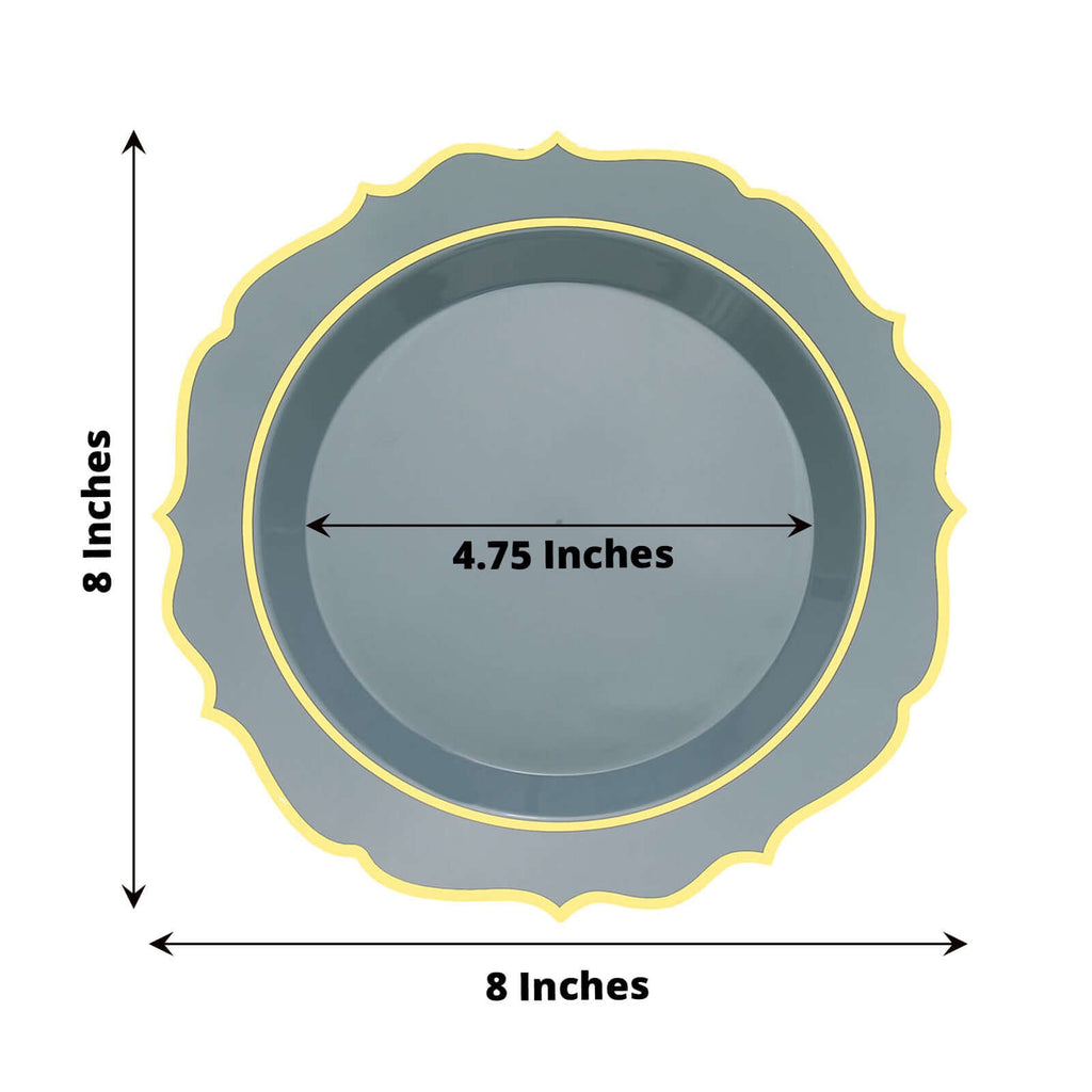 10 - Pack Plastic 8" Round Dessert Plates in Dusty Blue with Gold Scalloped Rim - Disposable Appetizer/Salad Plates - Bell Racket Store