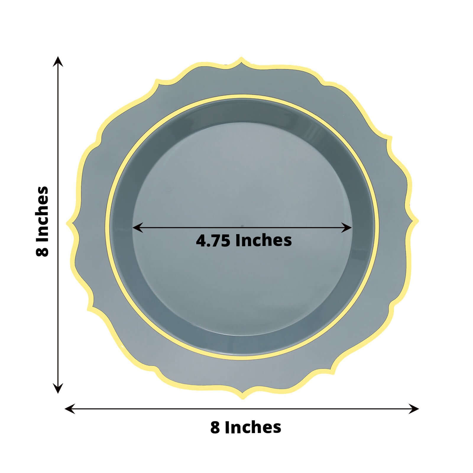 10 - Pack Plastic 8" Round Dessert Plates in Dusty Blue with Gold Scalloped Rim - Disposable Appetizer/Salad Plates - Bell Racket Store