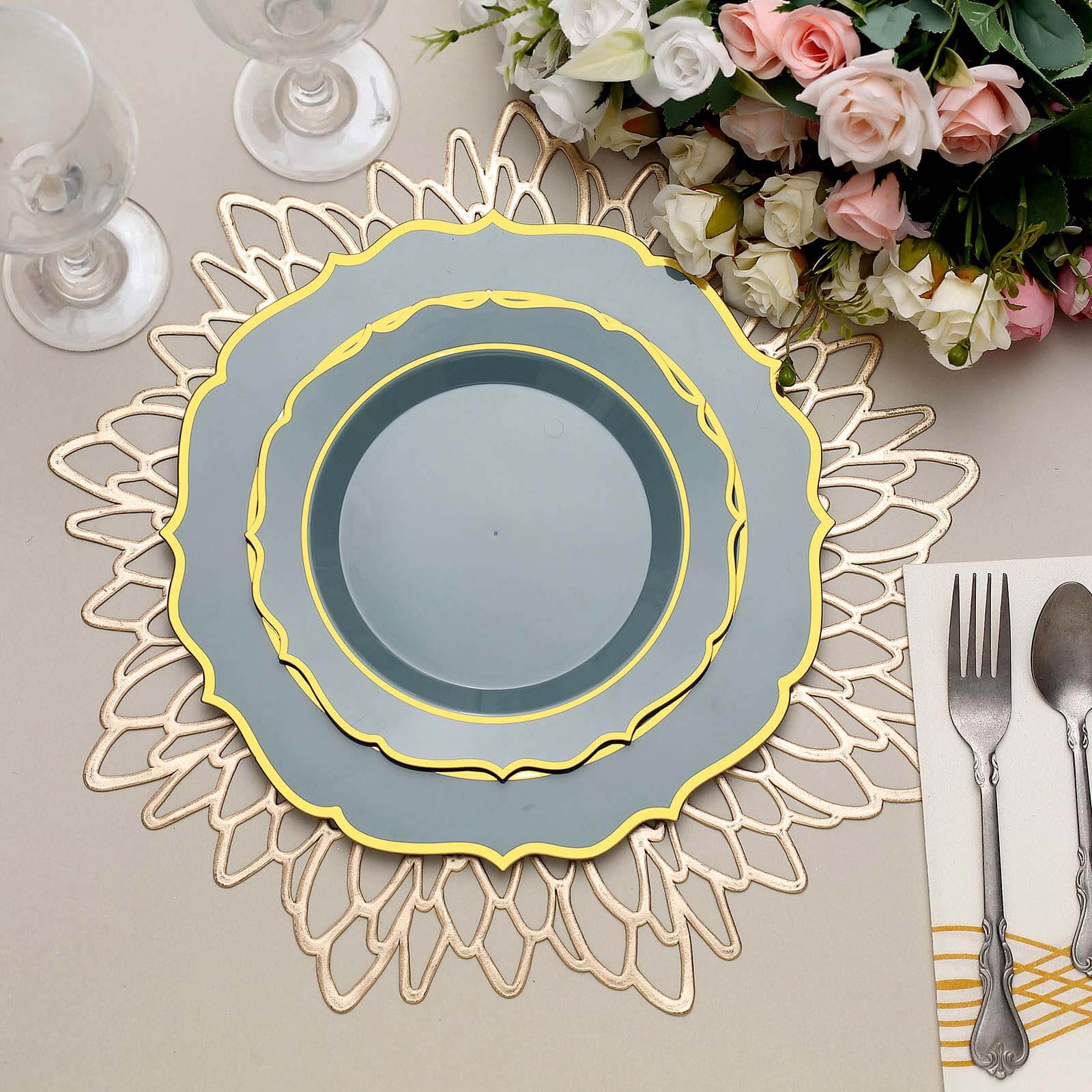 10 - Pack Plastic 8" Round Dessert Plates in Dusty Blue with Gold Scalloped Rim - Disposable Appetizer/Salad Plates - Bell Racket Store