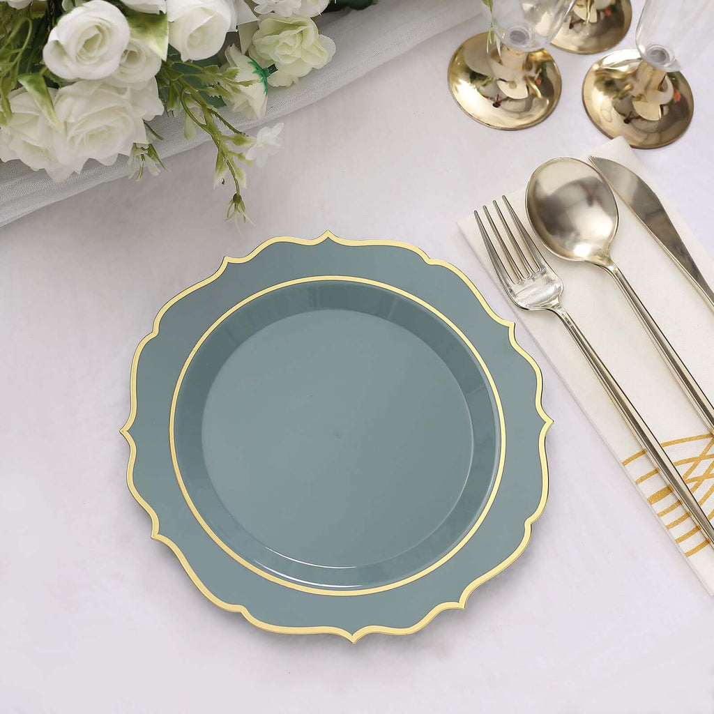 10 - Pack Plastic 8" Round Dessert Plates in Dusty Blue with Gold Scalloped Rim - Disposable Appetizer/Salad Plates - Bell Racket Store