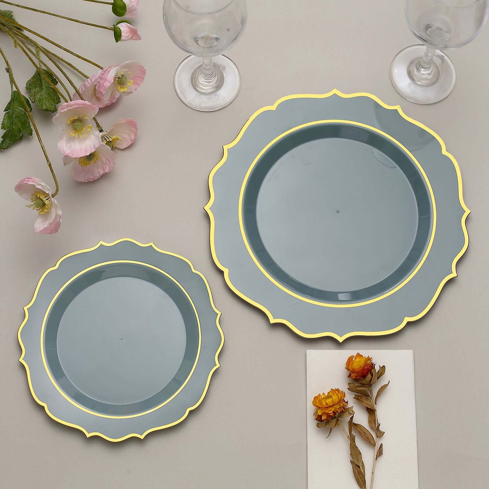 10 - Pack Plastic 8" Round Dessert Plates in Dusty Blue with Gold Scalloped Rim - Disposable Appetizer/Salad Plates - Bell Racket Store