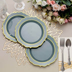 10 - Pack Plastic 8" Round Dessert Plates in Dusty Blue with Gold Scalloped Rim - Disposable Appetizer/Salad Plates - Bell Racket Store
