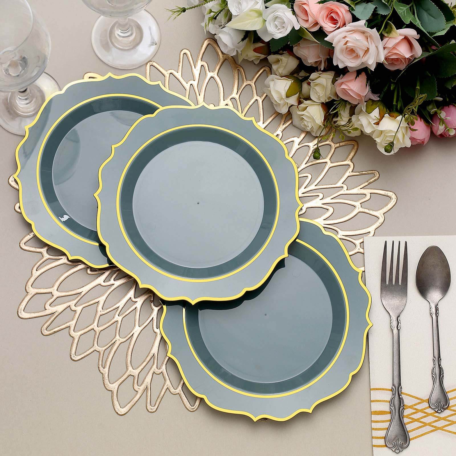10 - Pack Plastic 8" Round Dessert Plates in Dusty Blue with Gold Scalloped Rim - Disposable Appetizer/Salad Plates - Bell Racket Store