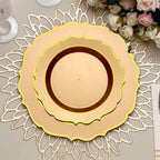 10 - Pack Plastic 8" Round Dessert Plates in Gold with Gold Scalloped Rim - Disposable Appetizer/Salad Plates - Bell Racket Store