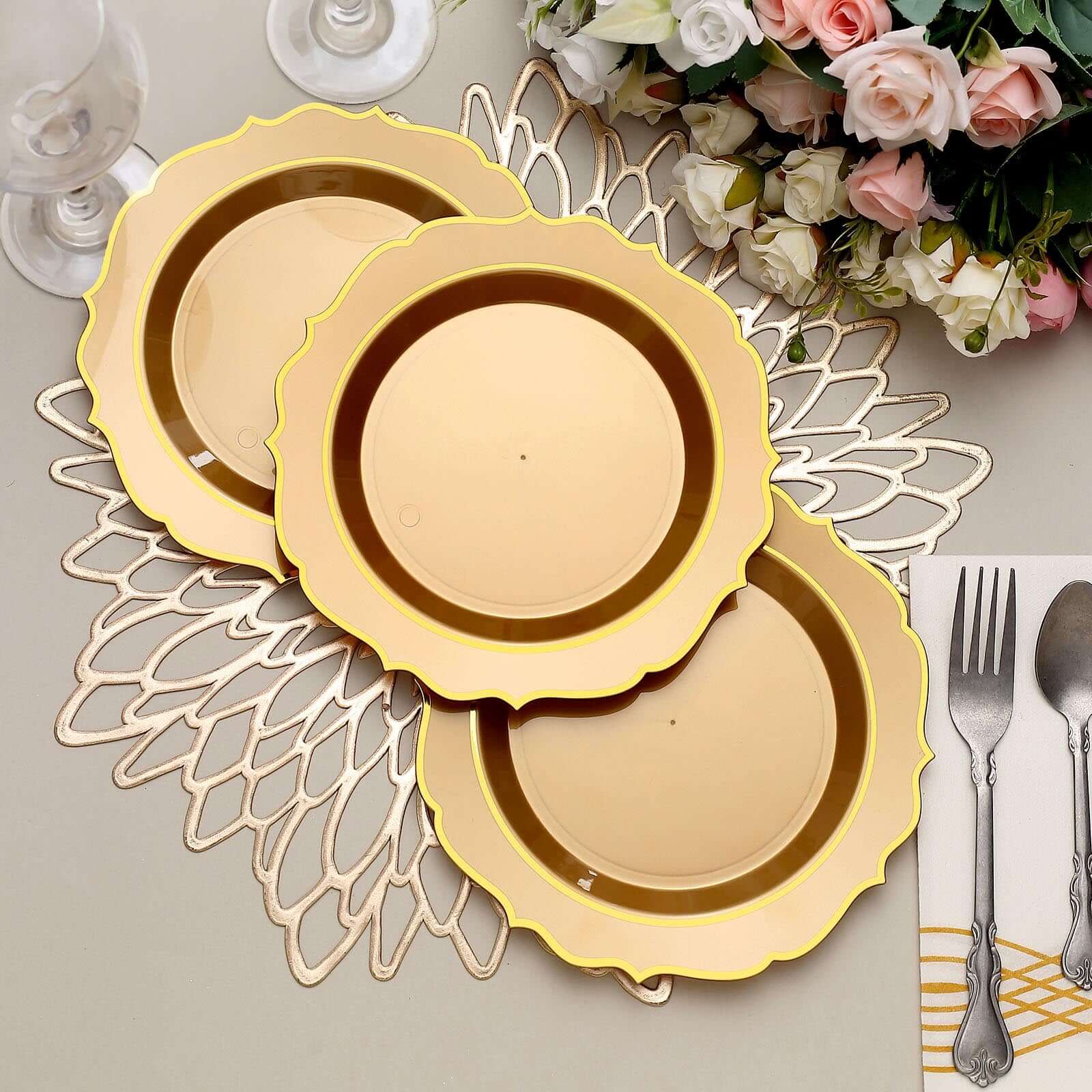 10 - Pack Plastic 8" Round Dessert Plates in Gold with Gold Scalloped Rim - Disposable Appetizer/Salad Plates - Bell Racket Store