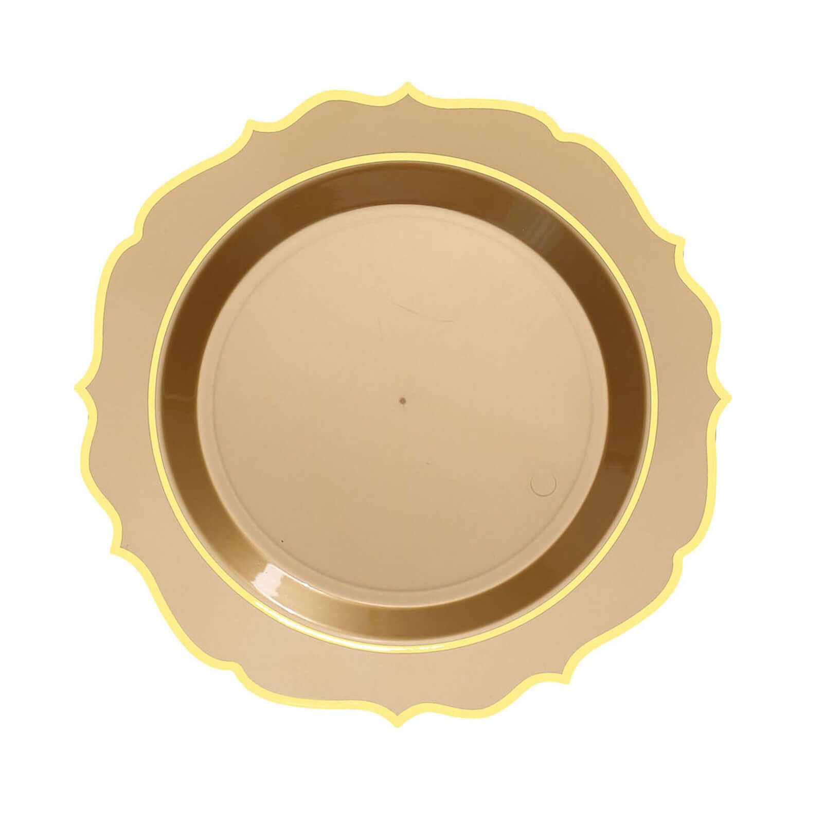 10 - Pack Plastic 8" Round Dessert Plates in Gold with Gold Scalloped Rim - Disposable Appetizer/Salad Plates - Bell Racket Store