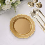 10 - Pack Plastic 8" Round Dessert Plates in Gold with Gold Scalloped Rim - Disposable Appetizer/Salad Plates - Bell Racket Store