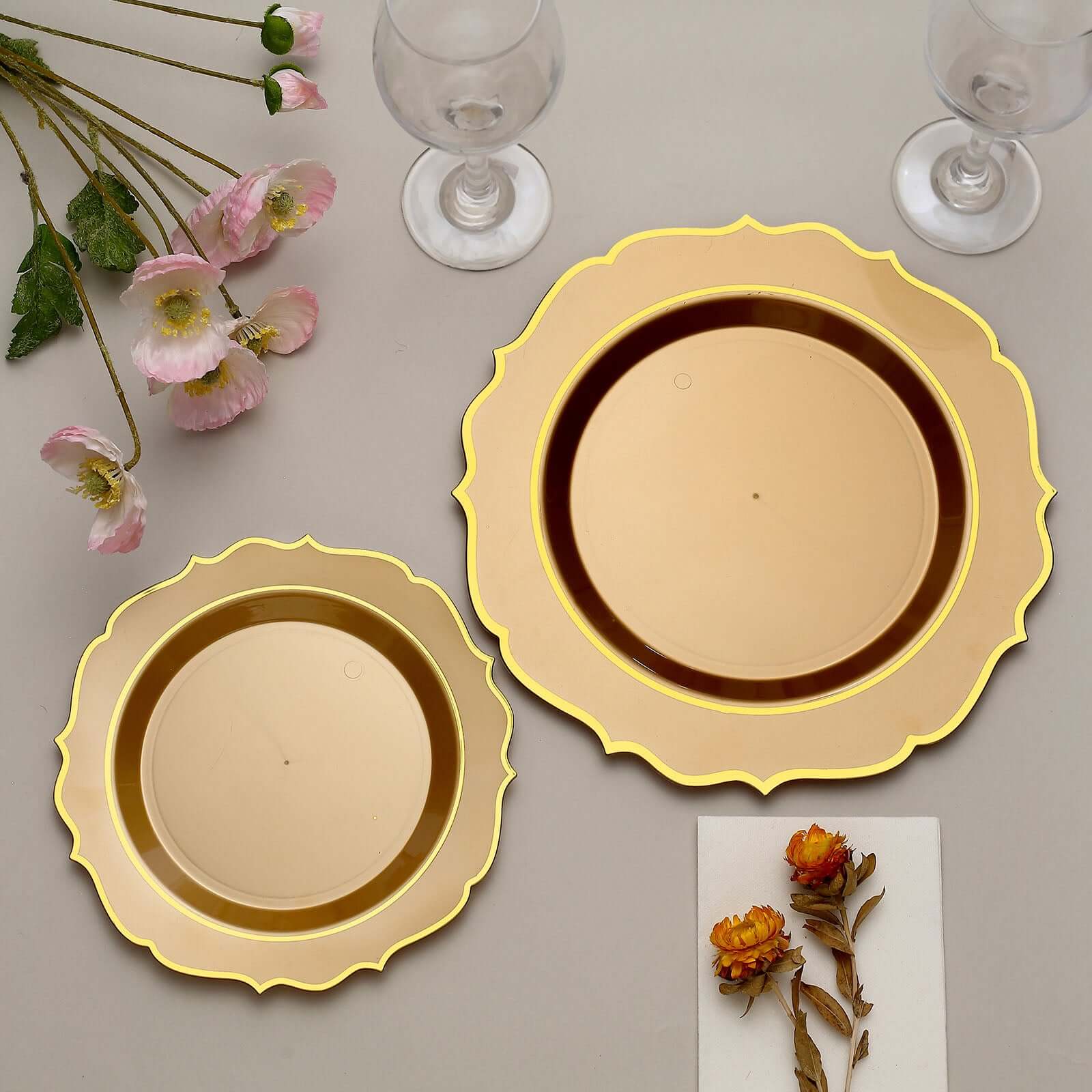 10 - Pack Plastic 8" Round Dessert Plates in Gold with Gold Scalloped Rim - Disposable Appetizer/Salad Plates - Bell Racket Store