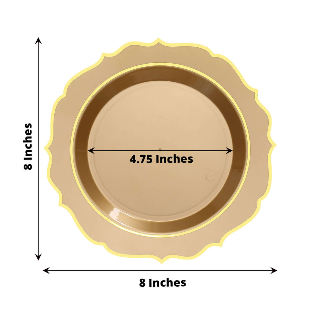 10 - Pack Plastic 8" Round Dessert Plates in Gold with Gold Scalloped Rim - Disposable Appetizer/Salad Plates - Bell Racket Store