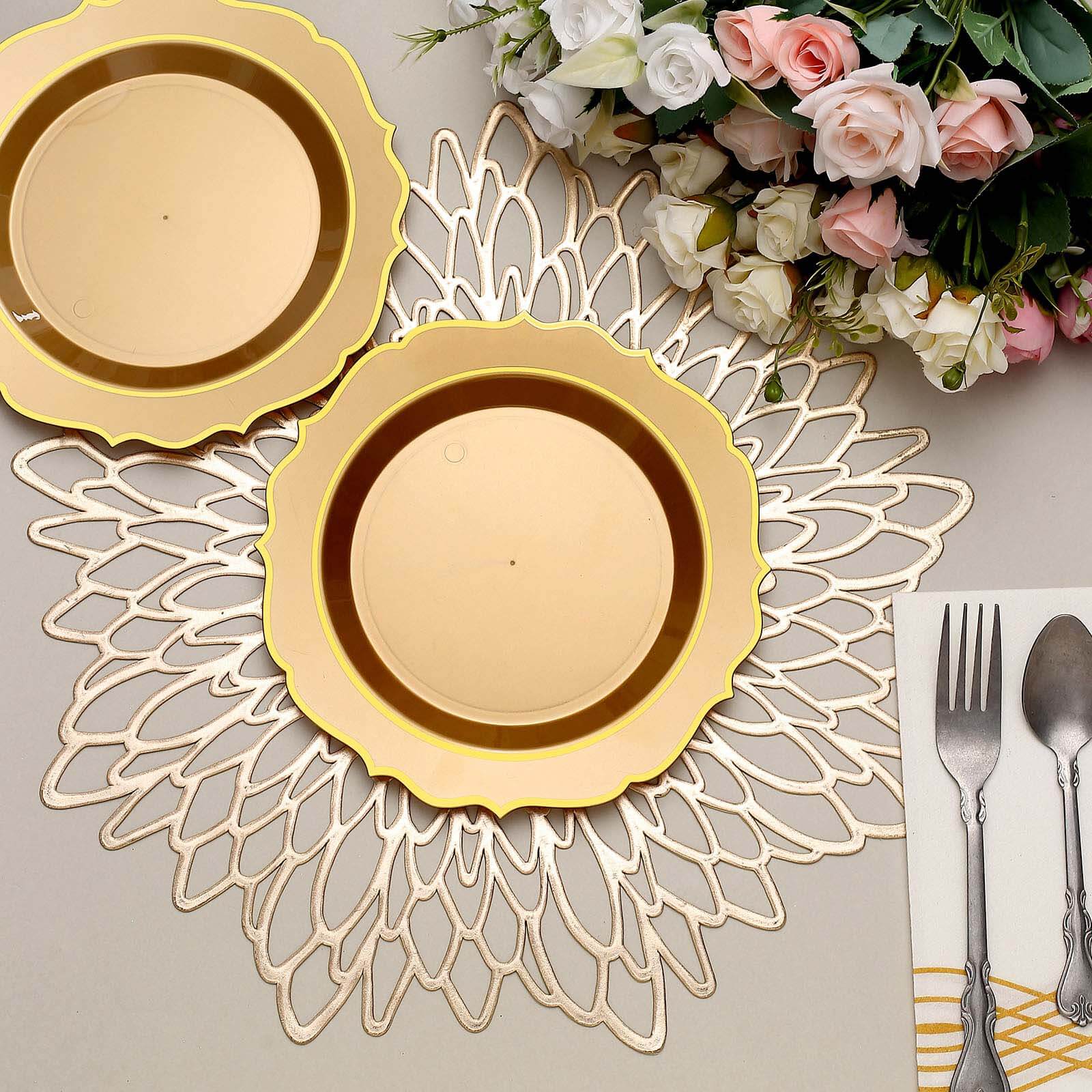 10 - Pack Plastic 8" Round Dessert Plates in Gold with Gold Scalloped Rim - Disposable Appetizer/Salad Plates - Bell Racket Store